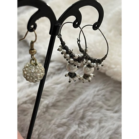 Black/White Beaded Hoop / White Rhinestone Round Dangle Earrings - 2 Pairs - Picture 7 of 12